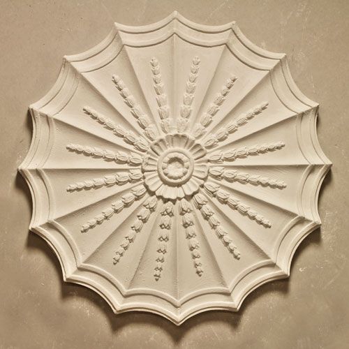 Adams Design Ceiling Rose is a small round rose with open flutes overlaid with leaf enrichment and detailed central boss. Dimensions: 460mm