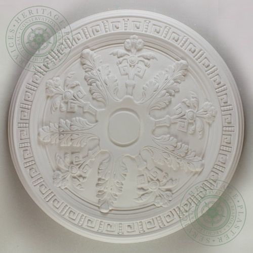 CR15 Ceiling Rose is a small fibrous plaster ceiling centre with Greek key to outer banding and alternating leaf to centre. 