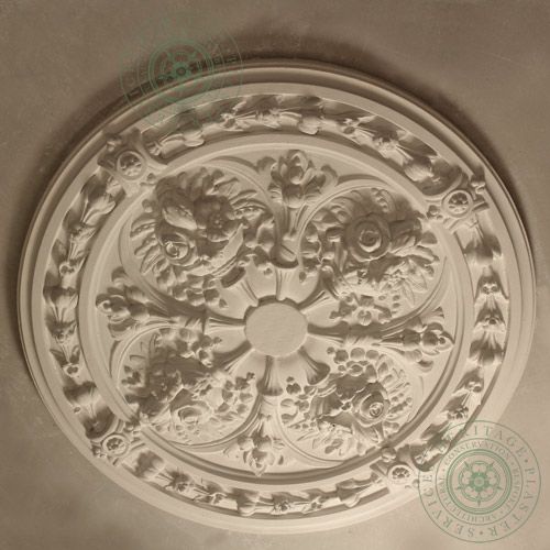 CR20 Ceiling Rose is a large ornate fibrous plaster moulding with high relief flower designs and water leaf. 