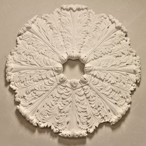 CR40 Ceiling Rose is a medium fibrous centerpiece made up of ornate acanthus leaves without an outer banding or central boss.