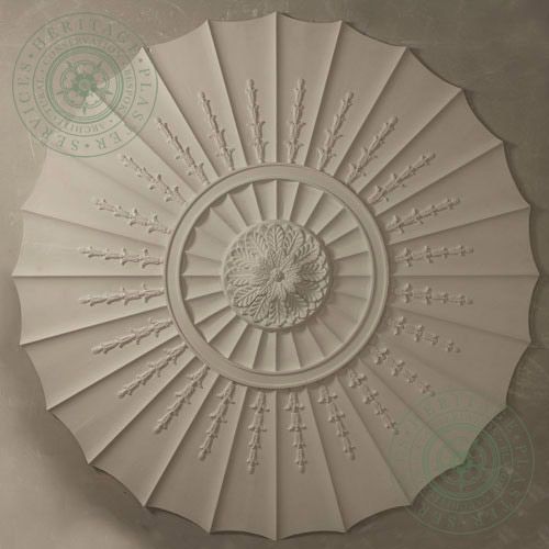 CR9 Ceiling Rose is an Adams design very large ceiling centerpiece with large open flutes overlaid with fine leaf enrichment with ornate central boss. Dimensions: 1290mm