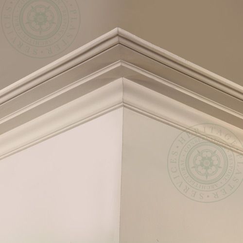 Plain Run Square Cornice is a fibrous plaster profile comprised of a flat stepped plate finishing into a cyma reversa moulding on the wall line.