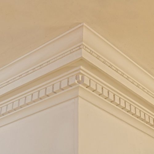 HPS25 Georgian Large Dentil Cornice is  a classic drip style cornice with large dentils and a bead moulding to the top member, sitting below the cyma recta and fillet to the ceiling line.