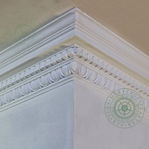 HPS33 Egg and Dart Dentil Corniceis a Georgian drip profile cornice with dentil ornamentation sitting below the throat of the drip, with a cyma recta section finishing the ceiling line.