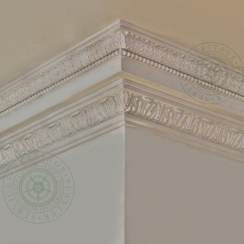 HPS49 Cornice is a fibrous plaster drip profile with acanthus leaf enrichment to both the top and bottom members.