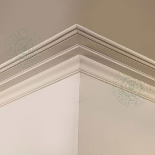 HPS5 Plain Run Cornice is a plain run fibrous plaster moulding with elongated ceiling plate leading into a cyma reversa and finishing with a fine cyma reversa on the all line. 