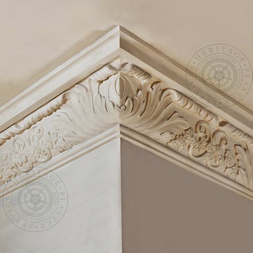 HPS51 Cornice "William & Mary" is a large fibrous plaster moulding with a large acanthus leaf with the use of fruits; flowers; shells; garlands and swags.