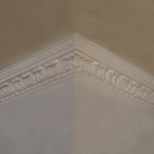 HPS52 Enriched Cornice is a large ceiling profile with an open acanthus leaf design with use of fruits; flowers; shells; garlands and swags, an example of acanthus leaf and leaf to top member.