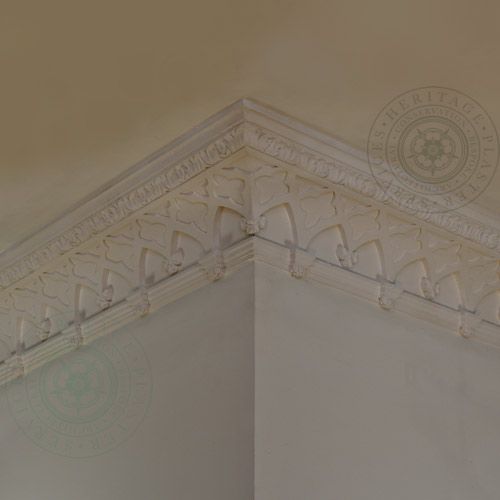 HPS56 Gothic Style Cornice is a fibrous plaster cove cornice, with distinct gothic enrichment. 