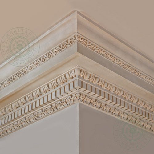 HPS81 Drip Cornice is a large Georgian fibrous plaster profile with a double leaf enrichment on the top and bottom members, egg & dart and dentil ornamentation, all of fine proportion of the ionic order. 